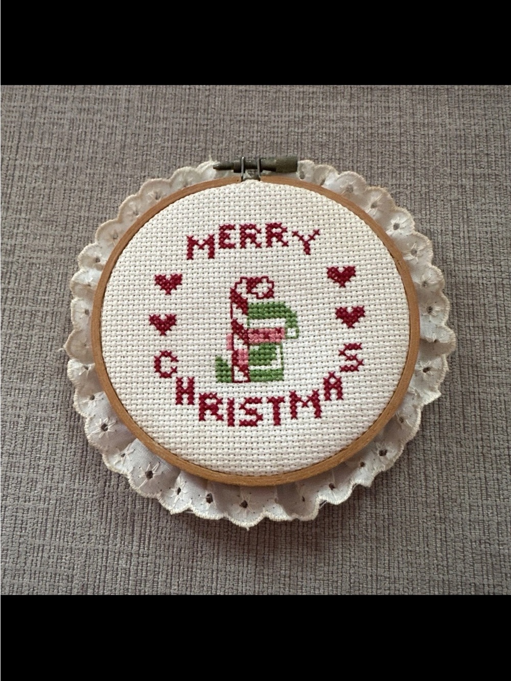 Vintage Christmas Holiday Hoop Framed Hand Cross Stitch Doily Elf & Candy Cane